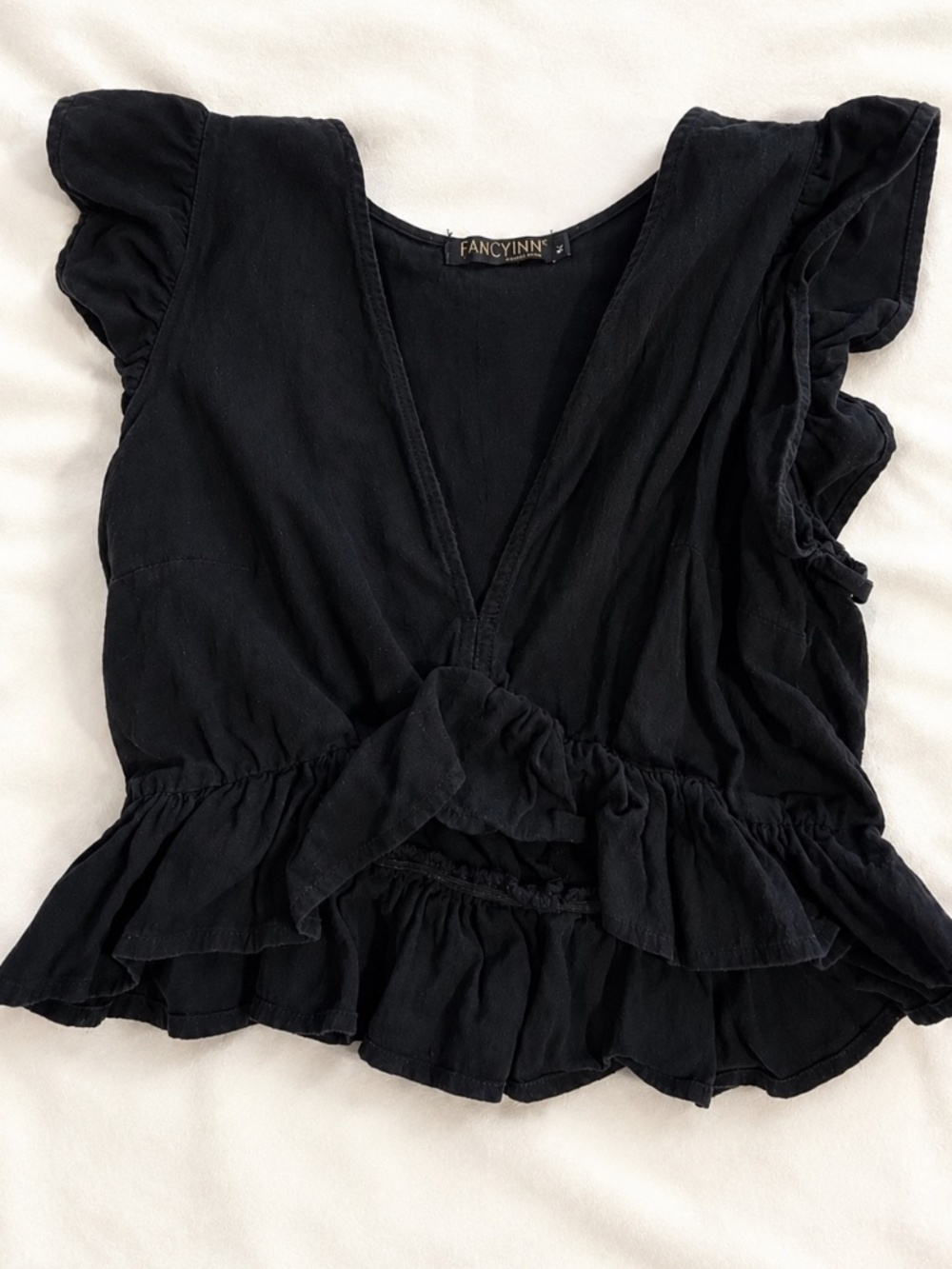 FANCYINN Black Ruffle Peplum Tie Front Blouse Size M